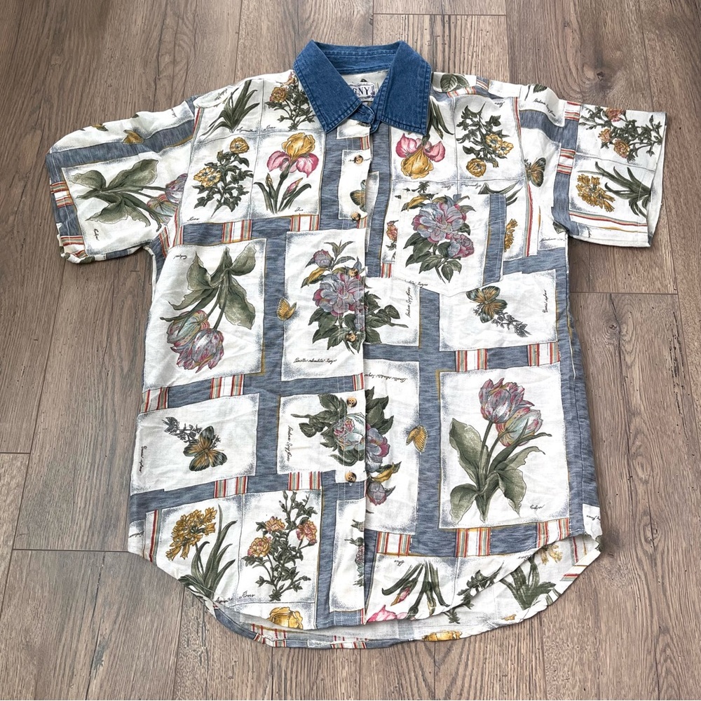 Vintage Patchwork Floral Boho Denim Collard Button Up Blouse Linen HGNY